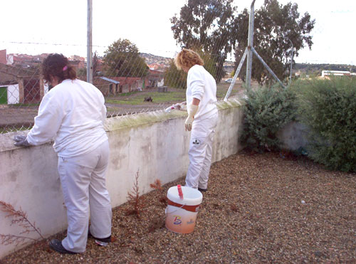 Alumnos/as del taller de pintura pintando el edificio de la Casa de la Cultura de Garbayuela, haga clic para ampliar la imagen